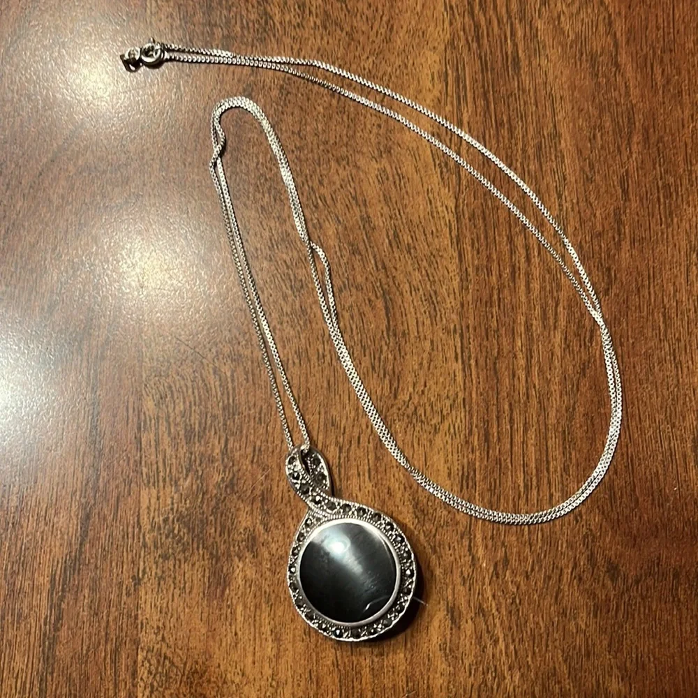 Vintage Black Onyx & Marcasite Reversible Sterling Silver Round Pendant Necklace